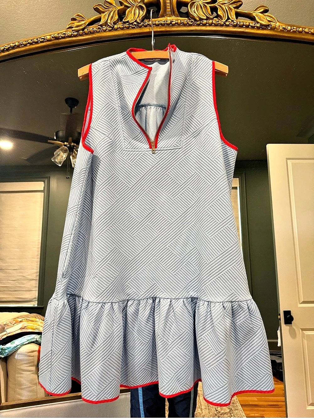 Shop the Mint Drop waist textured Geometric Sleeveless Mini Dress in Blue & Red